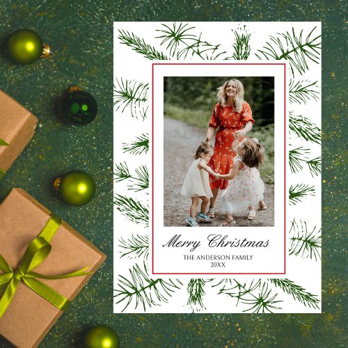 Elegant Script Rustic Pine Boho Photo Christmas Holiday Card