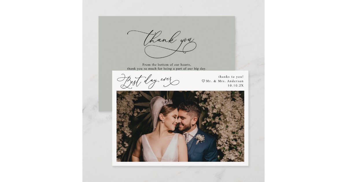 Elegant Script Rustic Sage Green Wedding Photo Thank You Card | Zazzle