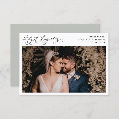 Elegant Script Rustic Sage Green Wedding Photo Thank You Card - Designed to coordinate with our Stylish Script wedding collection, this customizable Flat Photo Thank You card features an elegant script with heart thank you text on the front and option to add a custom message on the back. Matching items available.