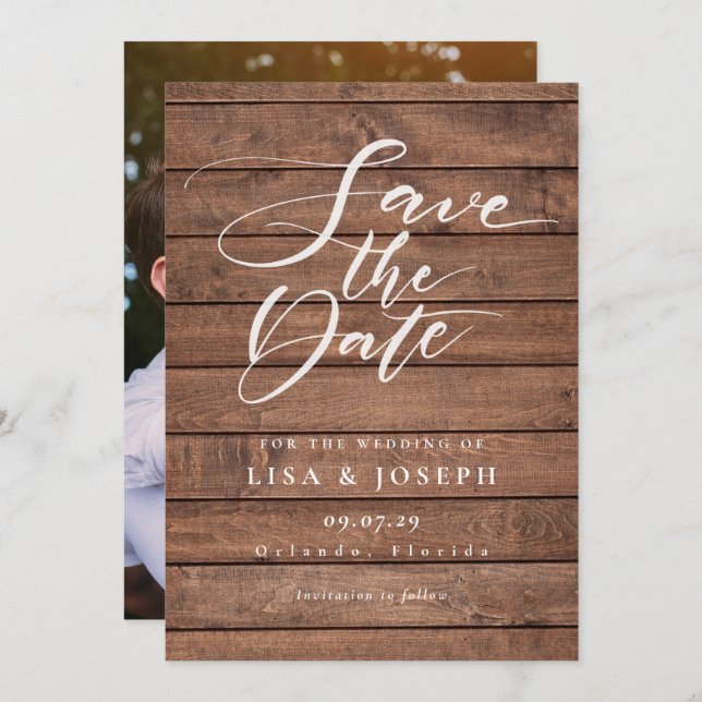Elegant Script Rustic Wood Photo Wedding Save The Date (Front/Back)