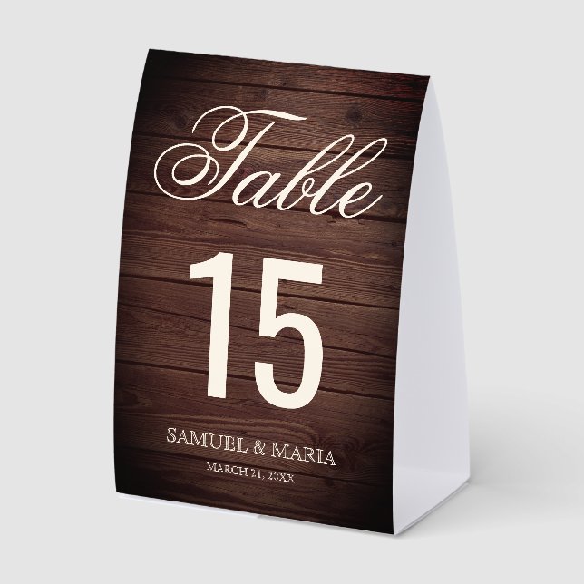 Elegant Script Rustic Wood Wedding Table Number Paper Table Tent (Front)