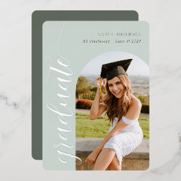 Elegant Script Sage Graduation Party Arch Photo Foil Invitation