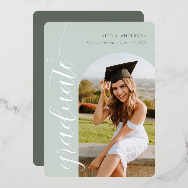 Elegant Script Sage Graduation Party Arch Photo Foil Invitation (Front/Back)