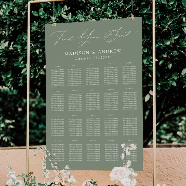 Elegant Script Sage Green 20 Table Seating Chart Foam Board (Creator Uploaded)