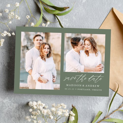 Elegant Script Sage Green 2 Photo Save The Date