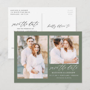 Elegant Script Sage Green 2 Photo Save the Date Announcement Postcard