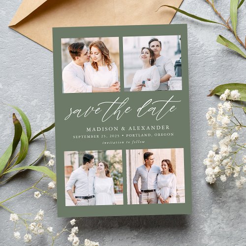 Elegant Script Sage Green 4 Photo Collage Save The Date