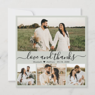 Elegant Script Sage Green 4 Photo Collage Wedding Thank You Card