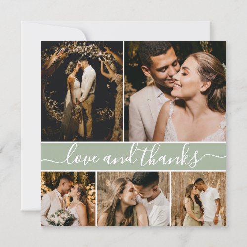 Elegant Script Sage Green 5 Photo Collage Wedding Thank You Card