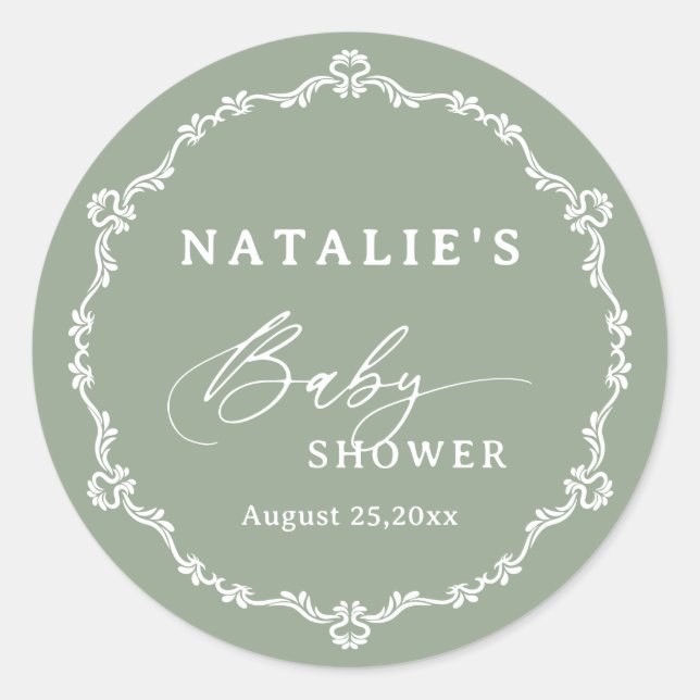 Elegant Script Sage Green Baby Shower Classic Round Sticker (Front)