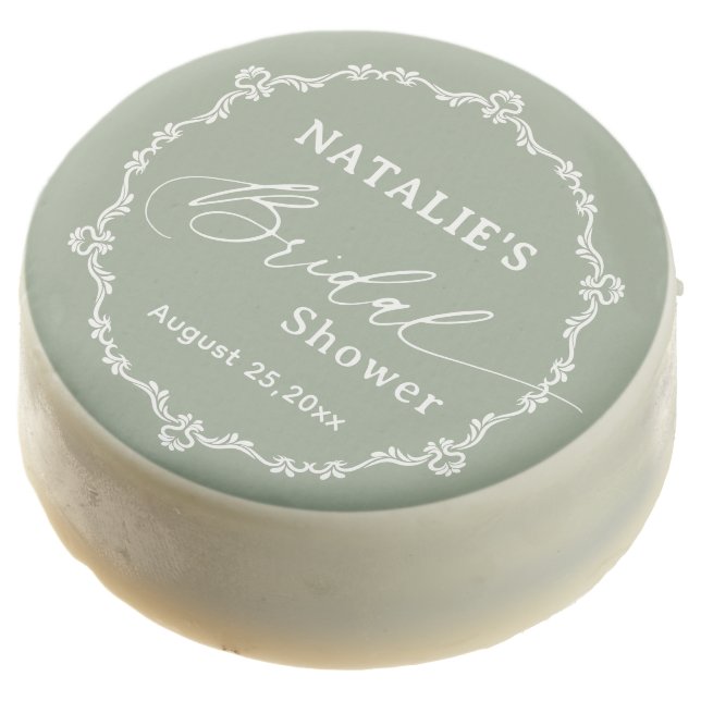 Elegant Script Sage Green Bridal Shower Chocolate Covered Oreo (Angled)