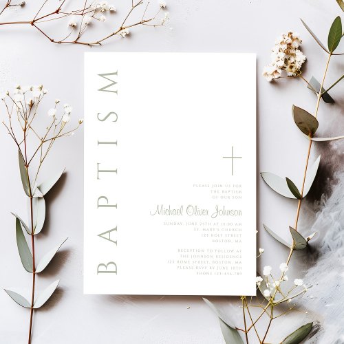 Elegant Script Sage Green Cross Baptism Invitation