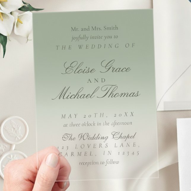 Elegant Script Sage Green Gradient Wedding Acrylic Invitations (Invite guests to your big day with this Elegant Script Gradient Wedding Acrylic Invitation!)