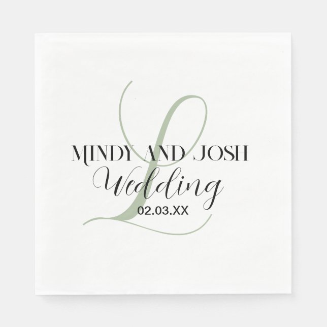 Elegant Script Sage Green Initial Wedding  Napkins (Front)