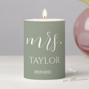 Elegant Script Sage Green Monogram Mrs Name Pillar Candle