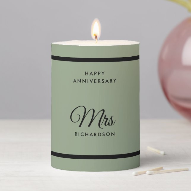 Elegant Script Sage Green Mrs. Happy Anniversary Pillar Candle (In Situ)