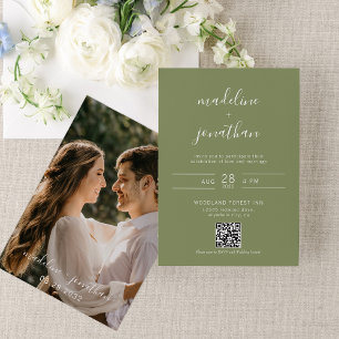Elegant Script Sage Green Photo QR Code Wedding Invitation