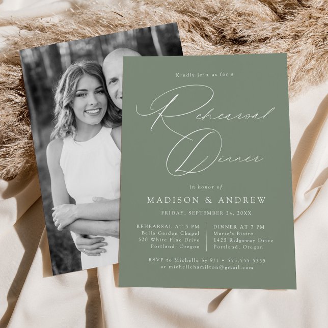 Elegant Script Sage Green Photo Rehearsal Dinner Invitation (Creator Uploaded)