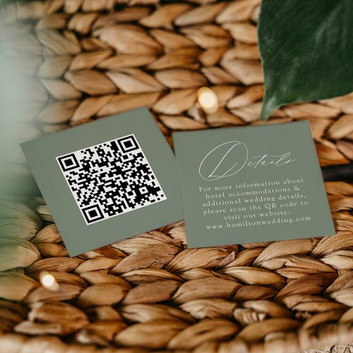 Elegant Script Sage Green QR Code Wedding Details Enclosure Card