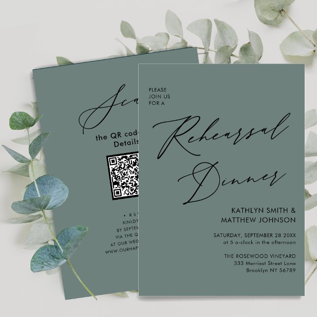 Elegant Script Sage Green Rehearsal Dinner QR code Invitation (Creator Uploaded)