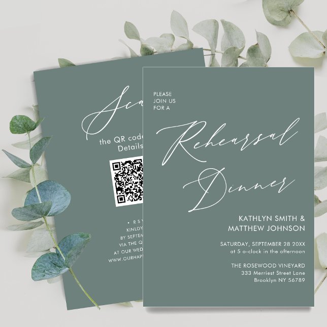 Elegant Script Sage Green Rehearsal Dinner QR code Invitation (Creator Uploaded)
