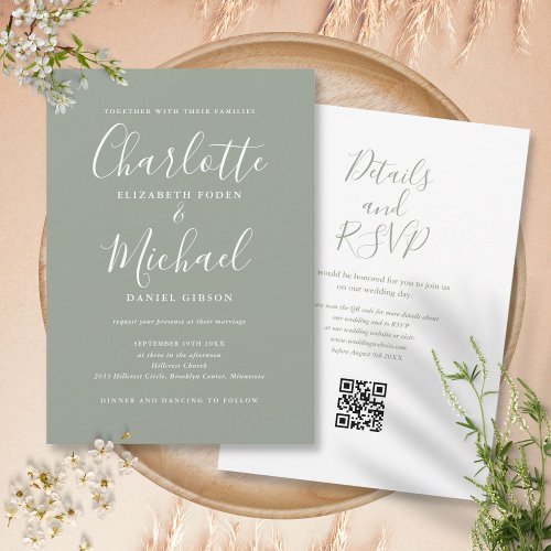 Elegant Script Sage Green Simple QR Code Wedding Invitation