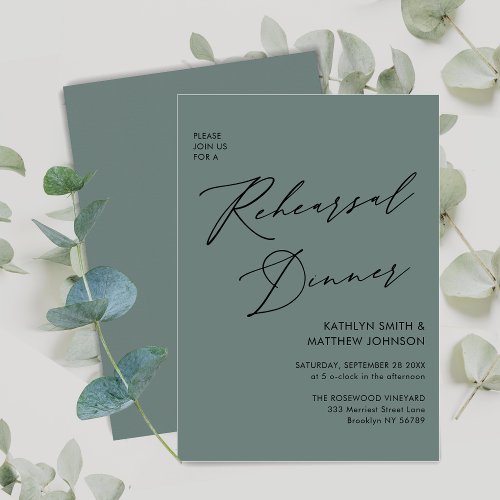 Elegant Script Sage Green Simple Rehearsal Dinner Invitation