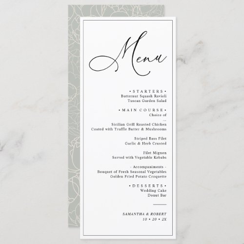 Elegant Script Sage Green Simple Wedding Dinner Me Menu - Designed to coordinate with our Romantic Script wedding collection, this customizable Menu card, features a sweeping script calligraphy text paired with a classy serif font in black with a frosty sage green back and a customizable monogram. Matching items available.