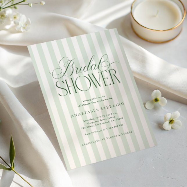 Elegant Script Sage Green Stripes Bridal Shower Invitation (Creator Uploaded)