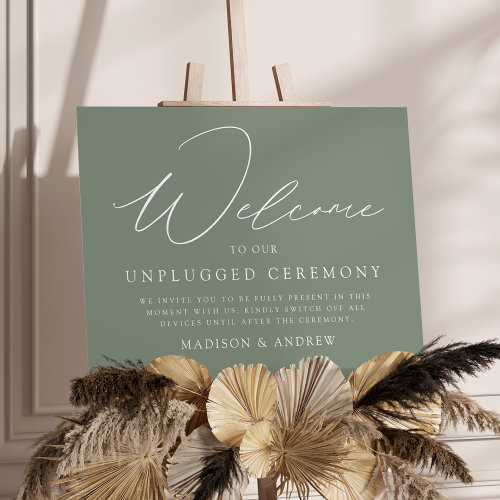 Elegant Script Sage Green Unplugged Ceremony Sign