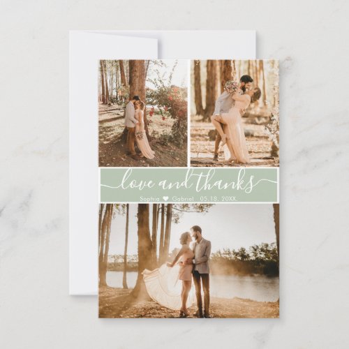 Elegant Script Sage Green Wedding 3 Photo Collage Thank You Card