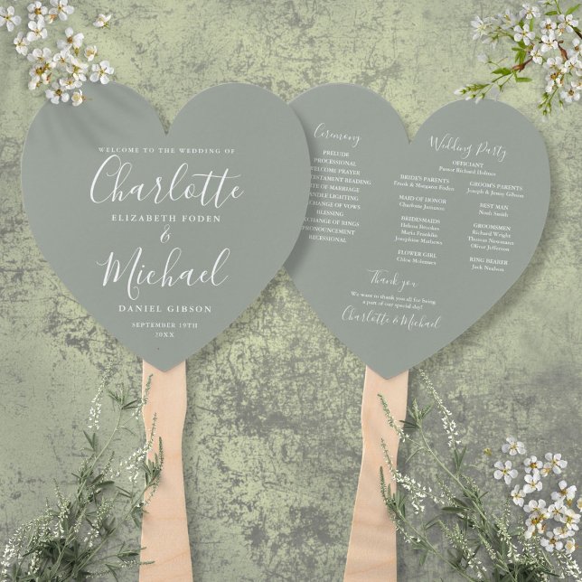 Elegant Script Sage Green Wedding Program Heart Hand Fan (Elegant Script Sage Green Wedding Program Heart Hand Fan)