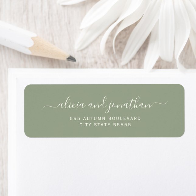 Elegant script sage green wedding return address label (Insitu)