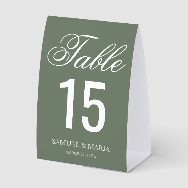 Elegant Script Sage Green Wedding Table Number Paper Table Tent (Front)