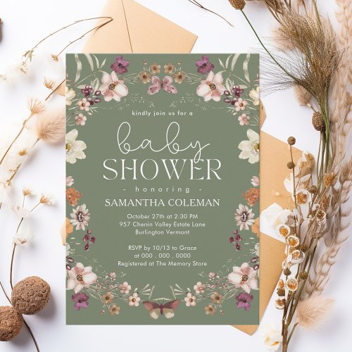 Elegant Script Sage Green Wildflower Baby Shower Invitation