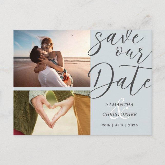 Elegant Script Save Our Date Dusty Blue Photo Announcement Postcard (Front)