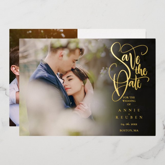 Elegant Script Save the Date 2 Photo QR Code Foil Invitation (Front/Back)