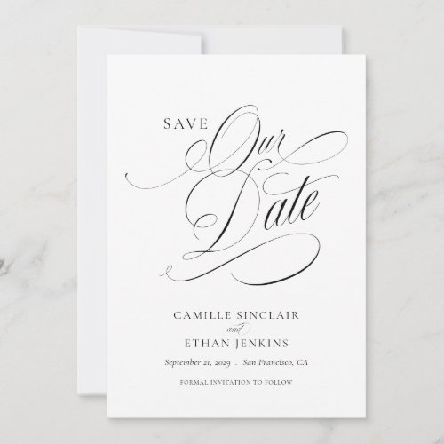 Elegant Script Save the Date Black and White Invitation