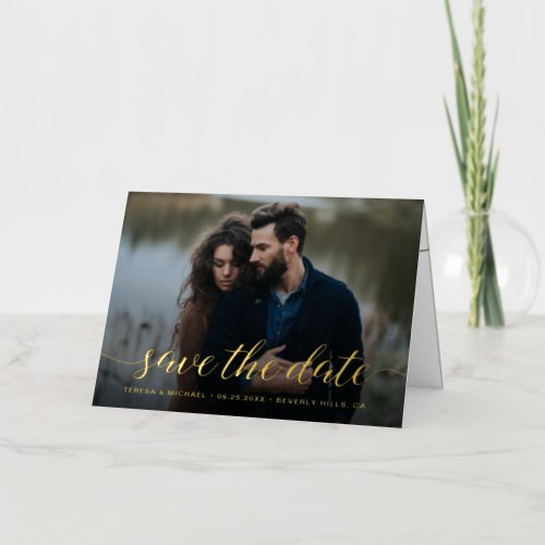 Elegant Script Save the date Photo Wedding  Foil Greeting Card