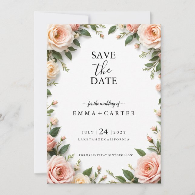 Elegant Script Save the Date with Pastel Rose Bord (Front)