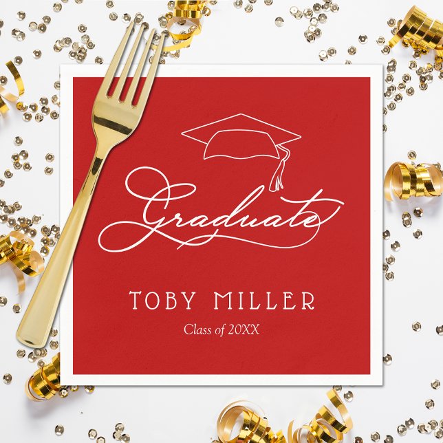 Elegant Script Scarlet Red Graduation Napkins (White script grad cap on scarlet red personalized graduation napkins, paper plates in our store)