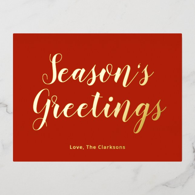 Elegant Script Season's Greetings Foil Holiday Postcard (Front)