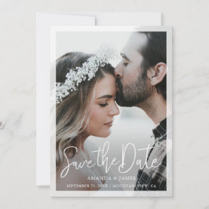 Elegant Script Semi-Transparent Border Photo Save The Date