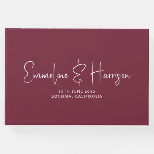 Elegant Script Serif Custom Burgundy Wedding Guest Book