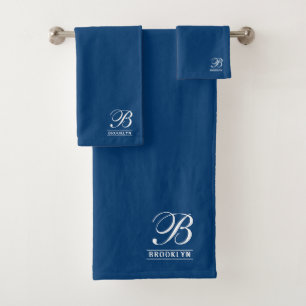 Elegant Script Serif Monogram Navy Blue Bath Towel Set