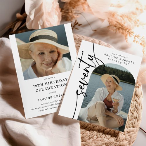 Elegant Script Seventy Arch Photo 70th Birthday Invitation