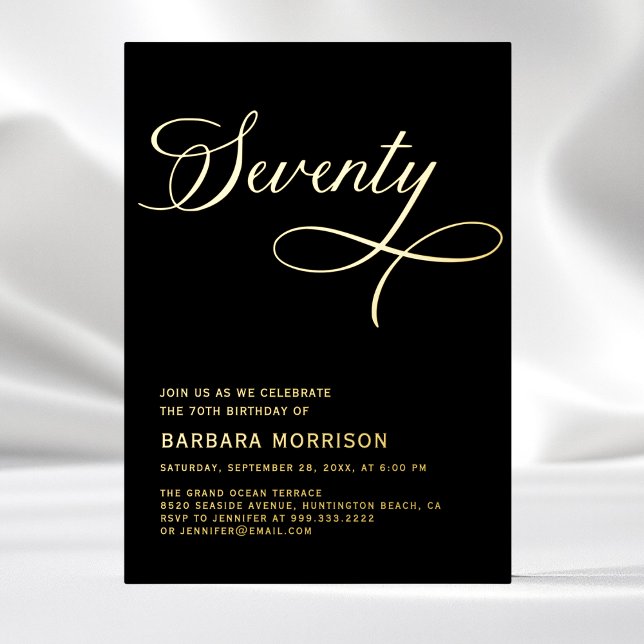 Elegant Script Seventy Black Gold 70th Birthday Foil Invitation (Creator Uploaded)