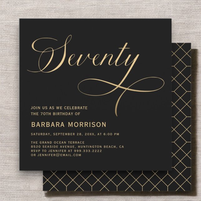 Elegant Script Seventy Black Gold 70th Birthday Invitation (Creator Uploaded)