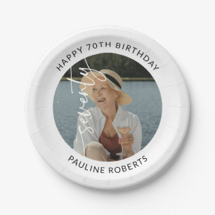 Elegant Script Seventy Photo 70th Birthday Paper Plates