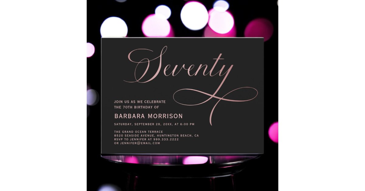 Elegant Script Seventy Rose Gold 70th Birthday Invitation | Zazzle